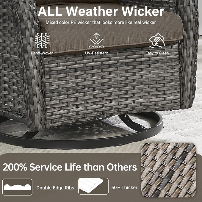 Outdoor Swivel Rocker Patio Chairs Set of 9 with 5" Thick Cushions,9 Piece Furniture Set with Fire Pit Table All Weather Wicker Conversation Set for Porch Deck - Grey Wicker | Grey Cushions