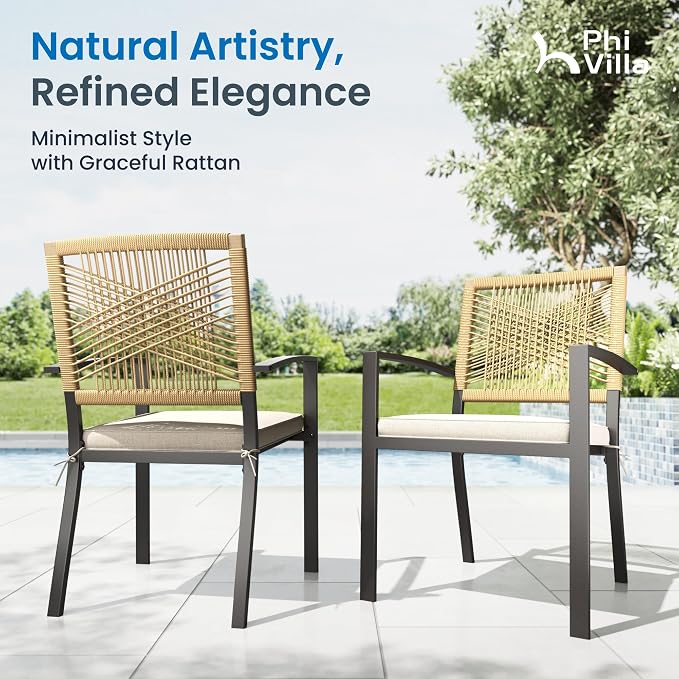 PHI VILLA Outdoor Dining Set for 4, 54" Round Table, Wicker Chairs | Outdoor Dining Set for 6, Round Patio Dining Table Set with Patio Wicker Chairs for Garden, Porch, Deck