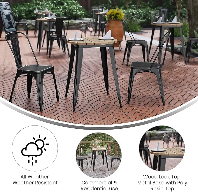 Flash Furniture Declan Commercial Outdoor Bar Height Dining Table, All Weather Poly Resin Top with Steel Base, 23.75" Round, Brown/Black