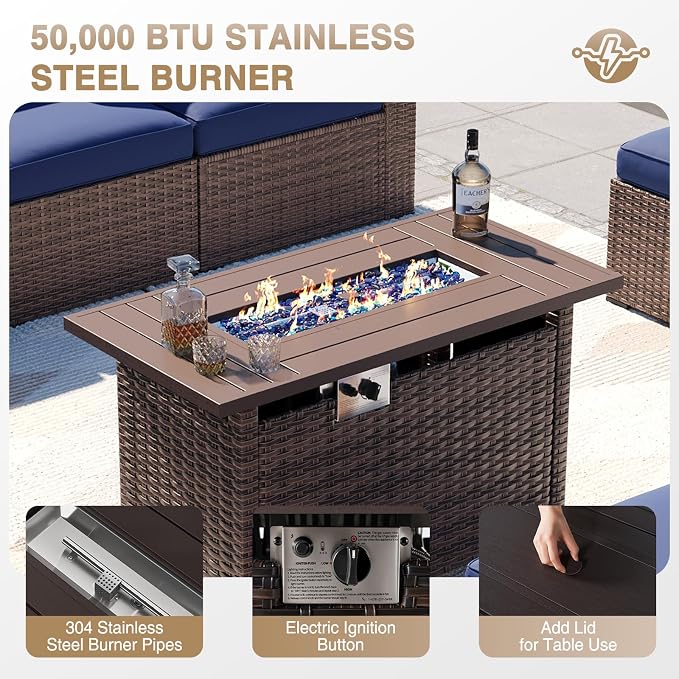 Aoxun Patio Furniture Sets, 12-Piece Outdoor Patio Furniture with 44'' Propane Gas Firepit Table, Wicker Outdoor Conversation Set Sectional Sofa for Backyard, Poolside, Garden
