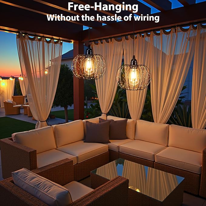 Battery Operated Hanging Chandelier Outdoor, Set of 2 with Remote, No Wiring, Boho Copper Wire Beaded Pendant Light, IP55 Weatherproof, Dimmable Timer, for Gazebo Pergola Porch Patio Decor
