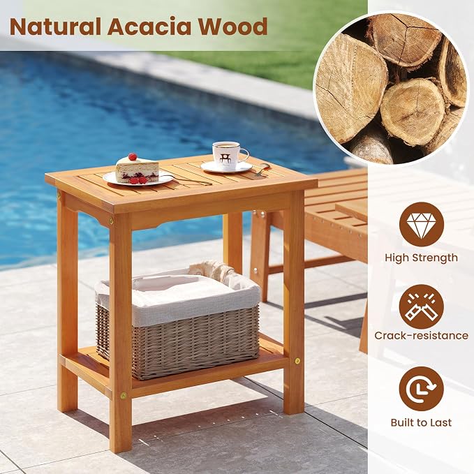 Tangkula Outdoor Side Table, 2-Tier Patio End Table with Slatted Tabletop & Storage Shelf, Acacia Wood Accent Bistro Table for Backyard, Poolside, Garden, Indoor, Natural (1)