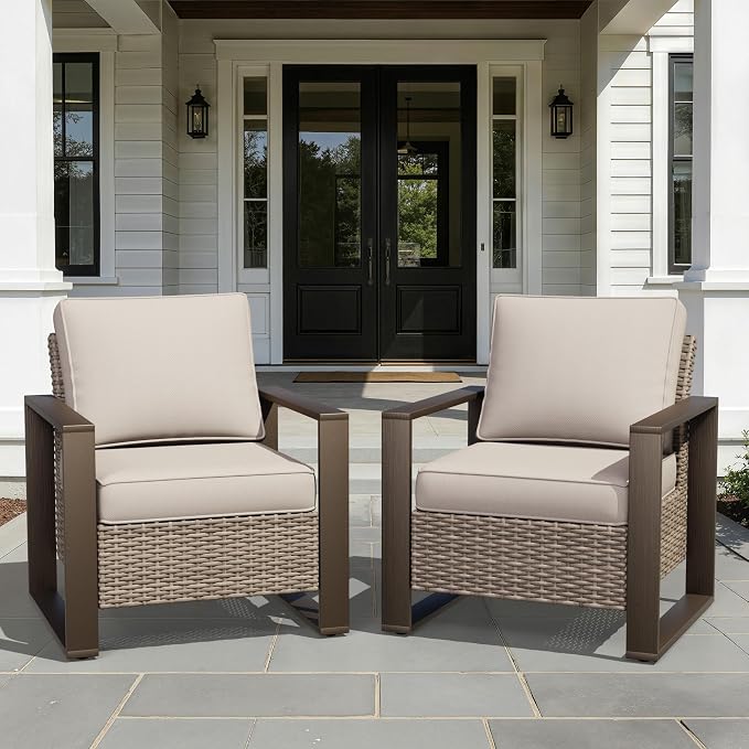 Joyside Outdoor Patio Chairs Set, 2 Pieces Wicker Rattan Chairs with Metal Wide Armrest, Thick Cushions and Deep Seating for Garden, Backyard, Porch, Deck