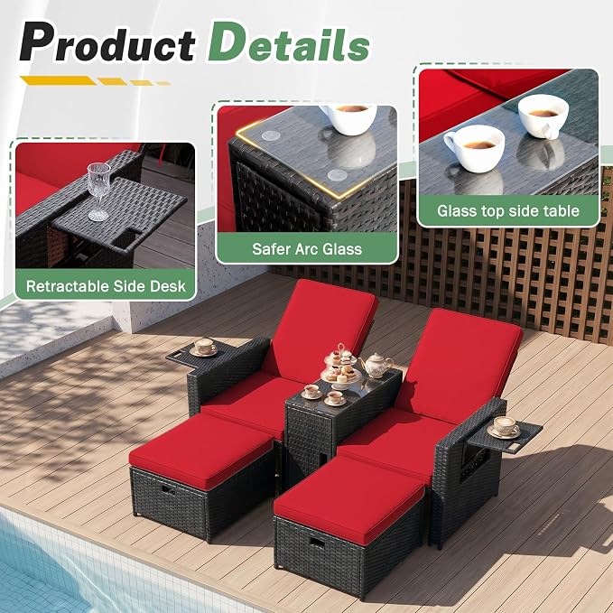 LVUYOYO 5 Piece Patio Furniture Set, Patio Wicker Conversation Set with Ottoman, Outdoor Chaise Lounge Chair with Side Table & Adjustable Backrest for Pool Backyard Garden (Black Wicker Red Cushion)