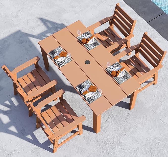 BRIOPAWS Outdoor-Dining-Set | 5 Piece | HDPE | 67” Patio Table and Chairs Sets for 4 | Patio Dinner Furniture | All Weather | Umbrella Hole | for Poolside Deck Backyard Outdoors | Teak