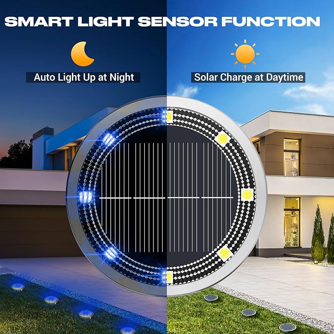 Solar Ground Lights Outdoor, 12 Pack Flat Solar Powered Disc Lights, IP68 Waterproof, Anti-Rust, Landscape Lighting for Pathway Garden Yard Lawn Walkway Landscape Driveway, Blue