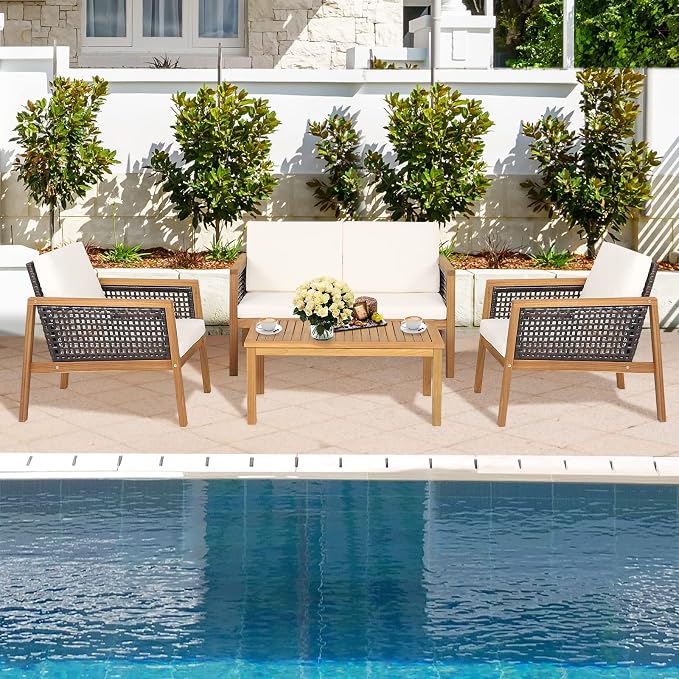 8 Pieces Outdoor Acacia Wood Furniture Set, Outdoor PE Wicker Conversation Set with Coffee Table and Soft Cushions, Outdoor Sofa Set for Garden, Poolside and Backyard (2, Off White)