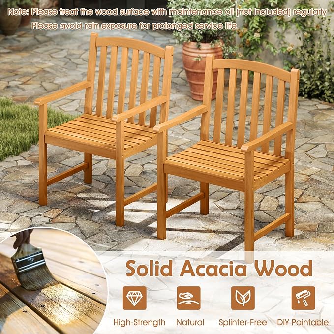 Tangkula 9 Piece Outdoor Wood Dining Set, Patio Rectangular Table with Umbrella Hole and 8 Solid Acacia Armchairs, for Porch, Garden, Backyard, Balcony