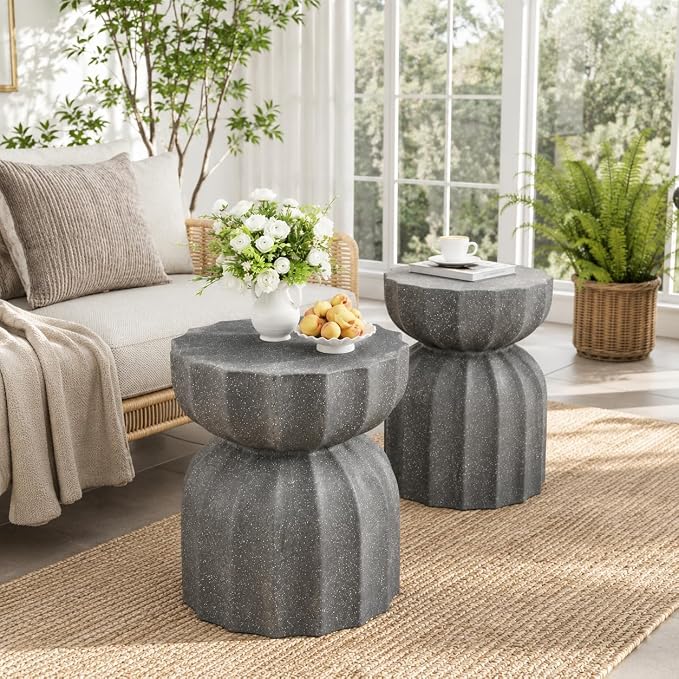 Concrete Outdoor Table Set of 2,13" Modern Round Stone Coffee Table,Waterproof Outdoor Side End Table for Patio Gardens, Backyards and Living Rooms (Gray-N, 13")
