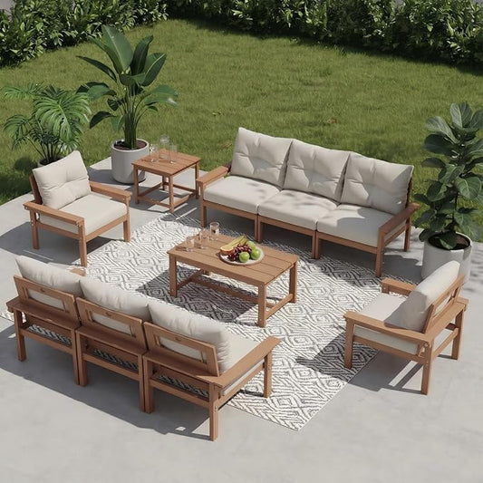 HDPE 10 Piece Outdoor Patio Furniture Set, All-Weather Outdoor Couch Set with Thick Cushions & Coffee Table, Patio Conversation Set for Lawn, Porch, Garden, Balcony, Deck, Poolside, Teak Beige