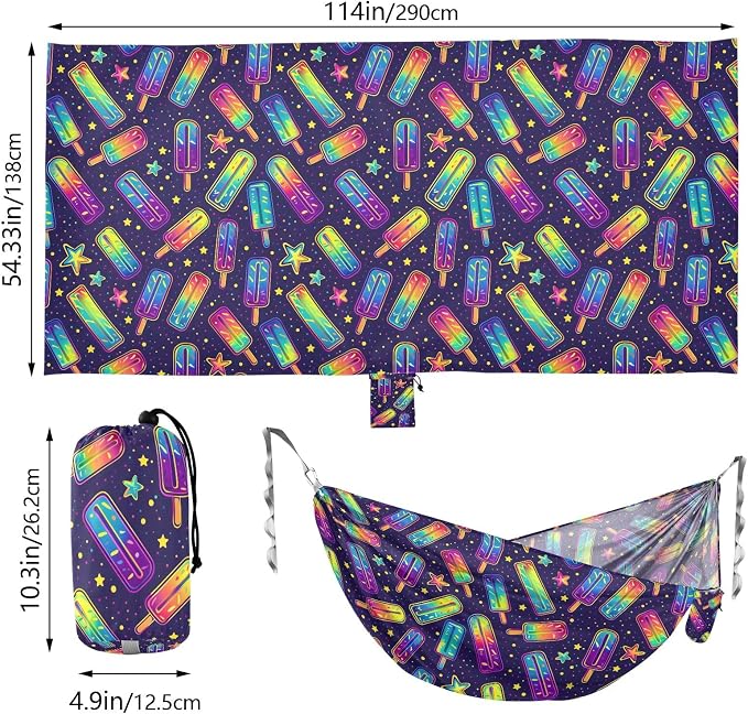 Camping Hammock Outdoor Hammocks for Outside Ice Pop Neon Beach Trees Portable Lightweight with Pockets Tree Straps Indoor