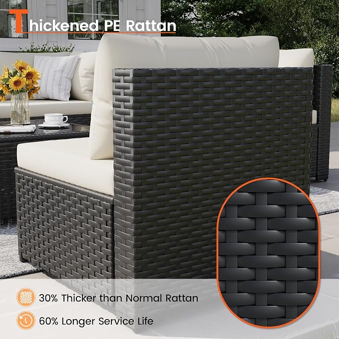 Patio Furniture Set, 7-Piece Outdoor Sectional All-Weather Wicker Patio Conversation Set for Backyard, Garden, White