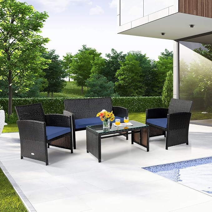 Tangkula 8 Pieces Rattan Furniture Set, Outdoor Conversation Set w/Chair & Loveseat & Tempered Glass Coffee Table, Suitable for Garden, Backyard, Poolside, Patio Furniture Set for 8 (2, Blue)