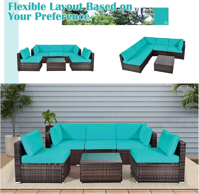 DORTALA 6 Pieces Patio Furniture Set, Outdoor Wicker Conversation Set with Glass Coffee Table, Wicker Sofa Set with Back & Seat Cushions, Rattan Sectional Conversation Couch Set, Turquoise