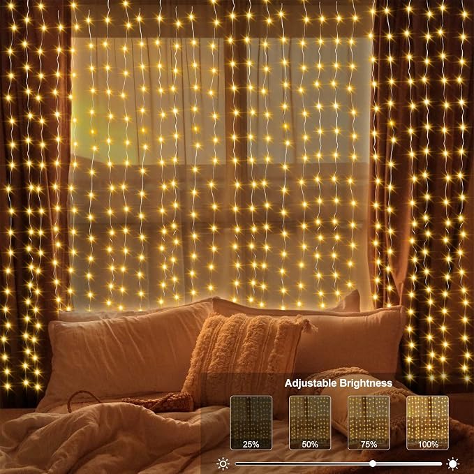 echosari 9.8Ft x 9.8Ft Curtain Lights Battery Operated 2 Color Changing | 300 LED Hanging Lights Warm White & Multicolor with Remote & Hooks, Outdoor Curtain Lights for Party Backdrop Patio Decor