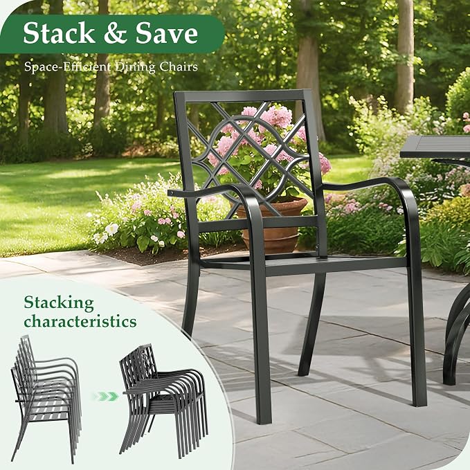 Crownland 7 Piece Outdoor Patio Metal Dining Sets, 6 Stackable Metal Chairs and Rectangular Outdoor Dining Table with 1.57" Umbrella Hole, for Backyard, Lawn, Garden (Classic Black)