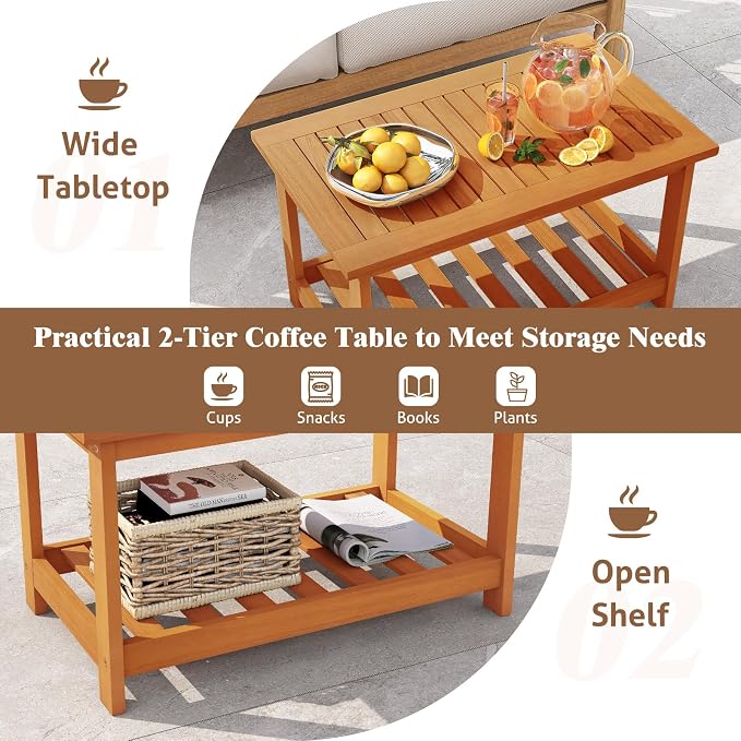 RELAX4LIFE 2-Tier Outdoor Coffee Table - Acacia Wood Rectangular Patio Center Table w/Slatted Tabletop & Storage Shelf, Indoor Outside Wooden Furniture for Living Room Backyard Deck Balcony, Natural