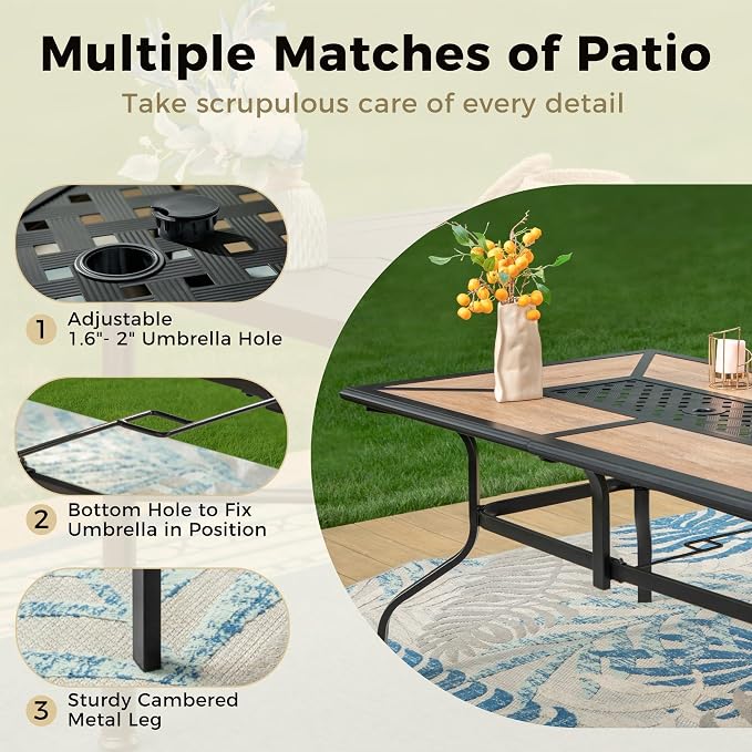 MIXPATIO Outdoor Patio Dining Table for 6, 61" x 38" Rectangular Metal Patio Dining Table with Umbrella Hole for Garden, All Weather Wrought Iron Black Outdoor Table Backyard and Porch