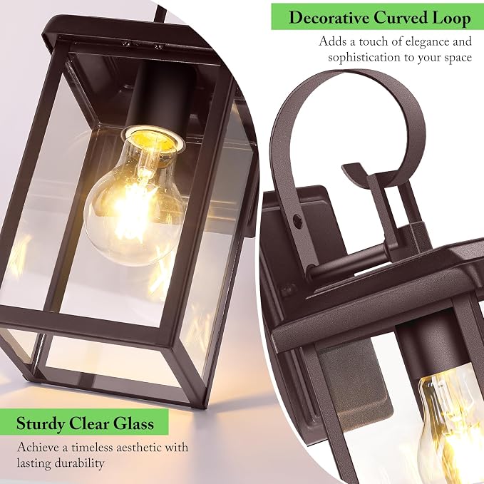 BesLowe 2-Pack Outdoor Wall Light Fixtures, Modern Porch Sconces, Brown | Waterproof, Rust-Resistant, Durable Metal with Clear Glass, Standard E26 Socket, Easy to Install