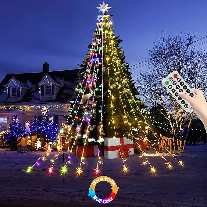 Christmas Decorations, Outdoor Christmas Lights, 320 LED Outdoor Christmas Tree String Lights with 12" Star Toppers [8 Modes& Waterproof] for Xmas New Year Holiday Decor (Dipper Warm+Multi)