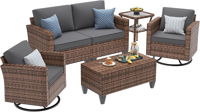 UDPATIO Patio Furniture Set, 5 Pieces Outdoor Furniture Sets with Rocking Swivel Chairs, Wicker Rattan Outdoor Conversation Set with Storage Table and Waterproof Covers for Backyard, Deck, Porch, Grey