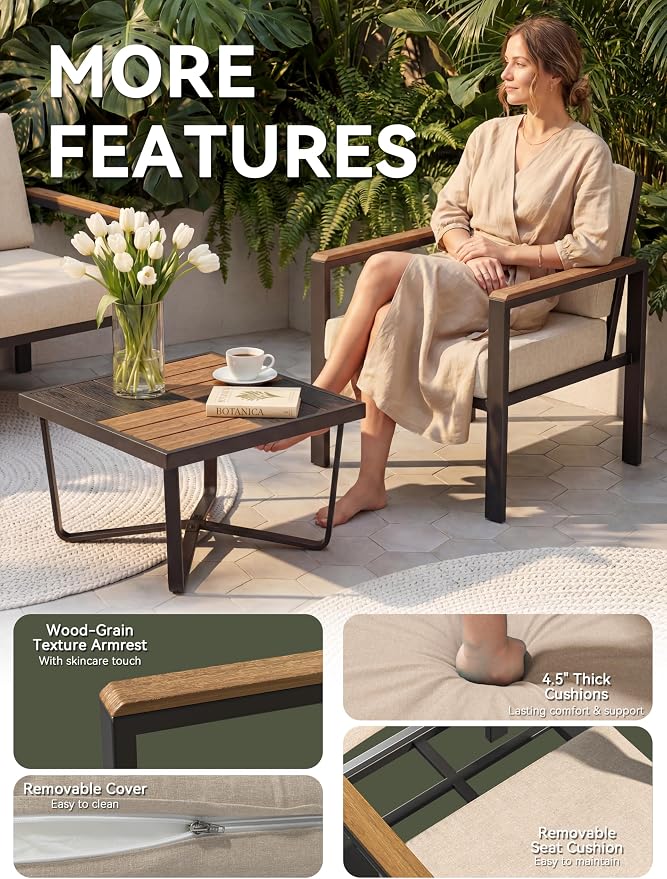 5-Piece Patio Furniture Set with Fire Pit Table & Coffee Table & Removable Washable Cushions, All-Weather Metal Frame and Wood-Like Armrests for Porch, Garden, Balcony,Grey