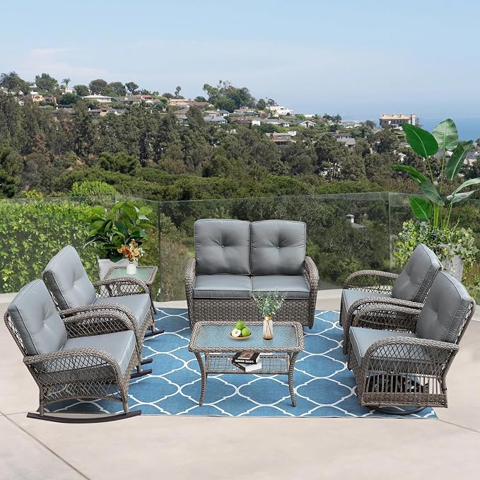 VIVIJASON 7-Piece Outdoor Patio Wicker Conversation Sets, All Weather Outdoor Rattan Furniture Set Includes Glider Loveseat, 2 Rocking Chairs, 2 Swivel-Gliders Chairs, 2 Coffee Table, Grey