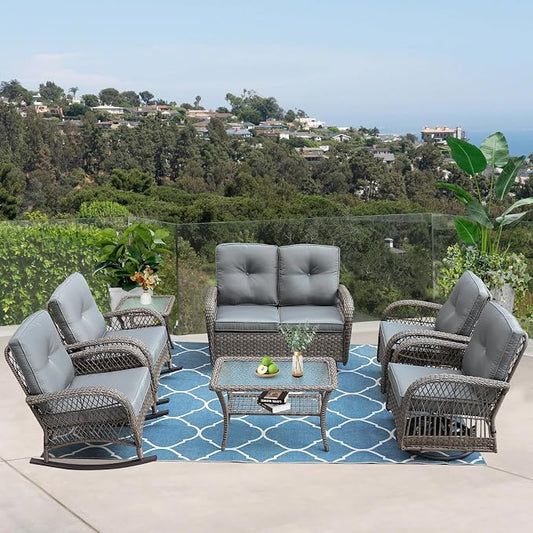 VIVIJASON 7-Piece Outdoor Patio Wicker Conversation Sets, All Weather Outdoor Rattan Furniture Set Includes Glider Loveseat, 2 Rocking Chairs, 2 Swivel-Gliders Chairs, 2 Coffee Table, Grey