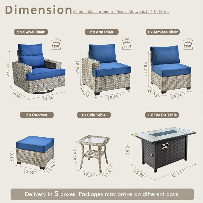 Weaxty 9 Pieces Wide Seats Outdoor Furniture Set, Sectional Couch Swivel Rocking Chair Ottoman Fire Pit Table, Thick Cushion All-Weather Rattan Patio Conversation Sets for Backyard Deck, Navy Blue
