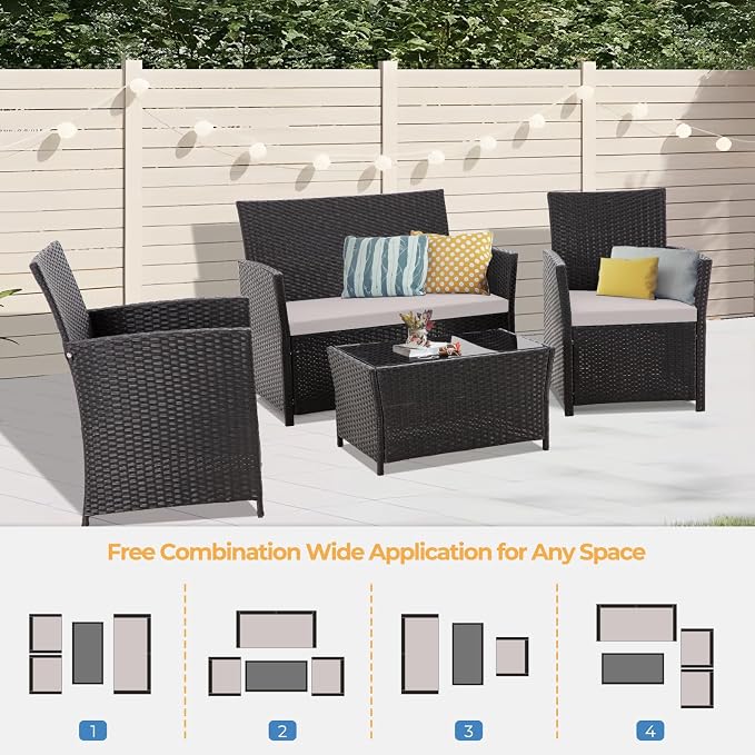 FHFO 4 Piece Outdoor Wicker Patio Furniture Set, Black/Light Grey | Sectional Sofa | All-Weather Hand-Woven Rattan | Tempered Glass Coffee Table | Durable Fabric | Indoor & Outdoor Use