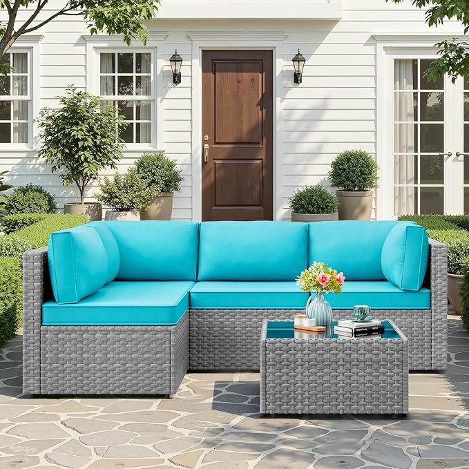 JAMFLY 5-Piece Patio Furniture Set, All-Weather Wicker Outdoor Sectional Sofa with Soft Cushions, Modular Conversation Set for Backyard, Deck, Garden & Poolside(Blue Cushion)