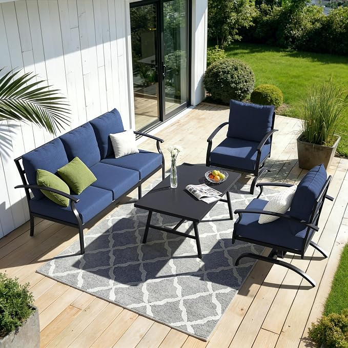 Kullavik Patio Furniture Set,4 Piece Metal Outdoor Patio Furniture Set,All Weather Modern Patio Conversation Sets w/3 Seater Sofa,2 Single Sofas and Coffee Table for Balcony Deck,NavyBlue