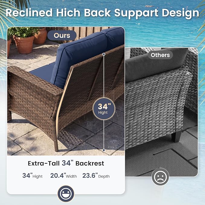 UDPATIO High Back Patio Furniture Set with 2 Swivel Rocker Chairs, Wicker Outdoor Conversation Sets with Thick Cushions & Ottoman, for Garden, Porch