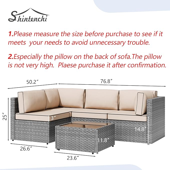 Patio Furniture Sets, 5 Piece Outdoor Sectional Sofas, Wicker Rattan Outdoor Furniture Patio Conversation Set, All-Weather PE Rattan Outdoor Couch for Backyard, Garden, Gray & Khaki