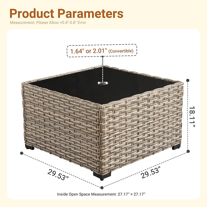 HOOOWOOO Outdoor Patio Side Table with Umbrella Hole,Wicker Coffee End Table Glass Top,Umbrella Table with 1.64" and 2" Hole for Yard,Deck,Porch,Garden(Rectangle Brown)