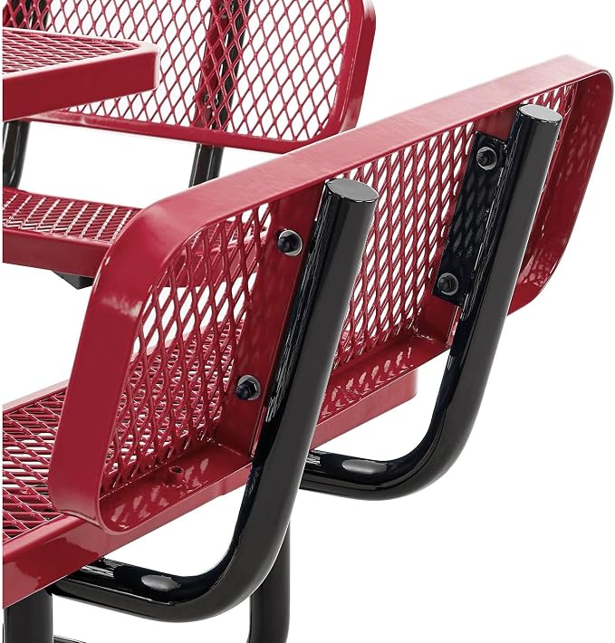 Global Industrial 46" Square Picnic Table with Backrests, Expanded Metal, Red Thermoplastic Coating, 1-1/2" Umbrella Hole, Outdoor-Rated, 1000 Lbs Capacity
