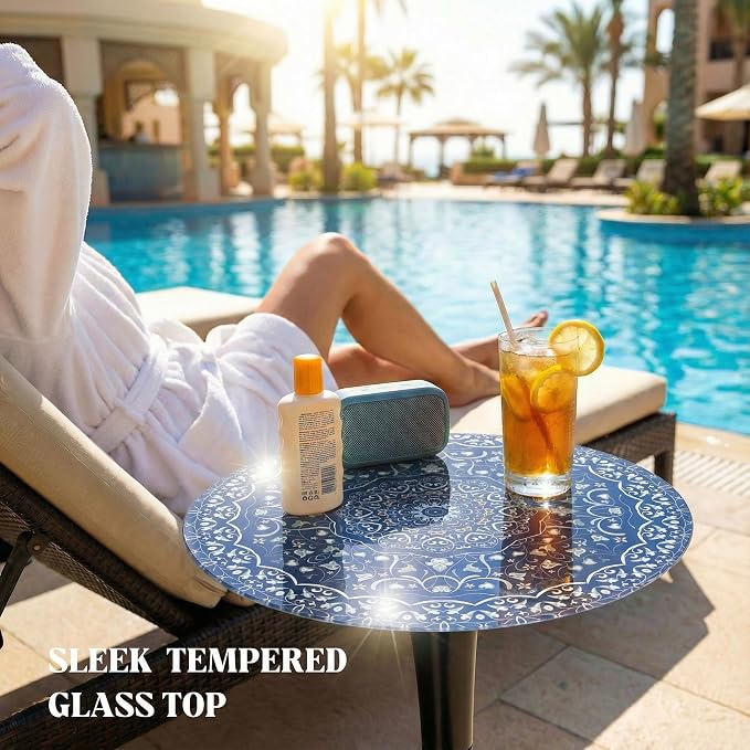 13.4" Outdoor Side Table, Round Patio Bistro Table Printed Tempered Glass Top, Waterproof Rust-Proof Base, Small Plant Stand for Balcony, Garden, Deck, 21.6" H (Blue Maze)