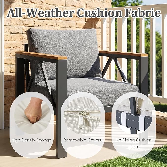 INGEROOM Aluminum Outdoor Patio 2 PCS Armchair Set, Washable Thick Cushions, All-Weather Modern Metal Furniture for Garden, Backyard, Porch, Dark Gray