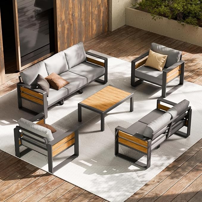 5-Piece Outdoor Patio Furniture Set with Modern Metal Sectional Sofa, Washable Thick Cushions and Coffee Table for Garden Backyard Porch(Beige)