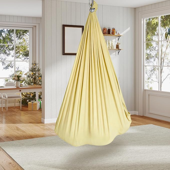 PrecisionAuto Dual-Layer Cotton Sensory Hammock Swing for Kids & Adults – Calming Compression Therapy, 360° Swivel, Heavy Duty, Indoor Outdoor, Supports 300 lbs, Autism Yoga, Light Yellow