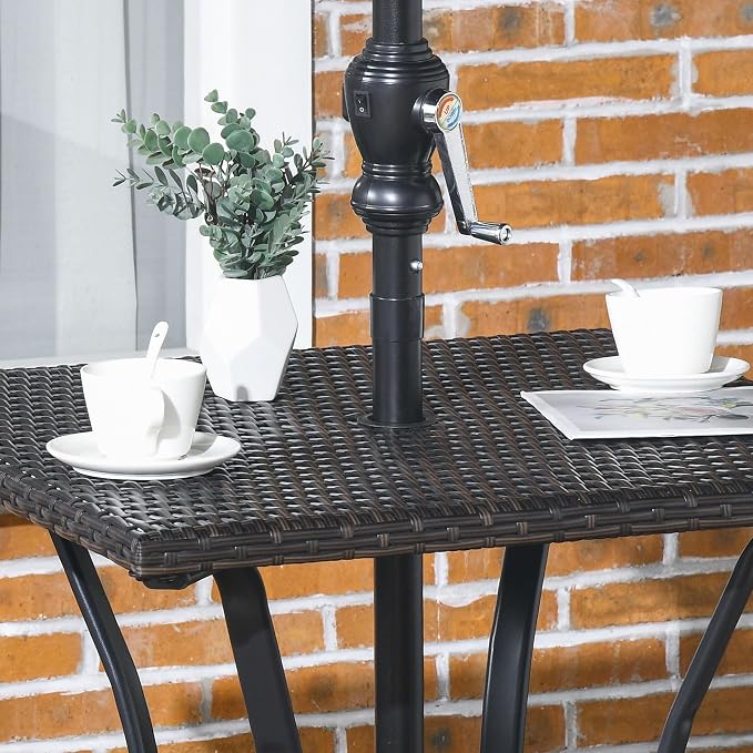 Outsunny Patio Wicker Dining Table with Umbrella Hole, 34 Inch Outdoor PE Rattan Coffee Table with Plastic Board Under The Woven Table Top for Patio, Garden, Balcony, Mixed Brown