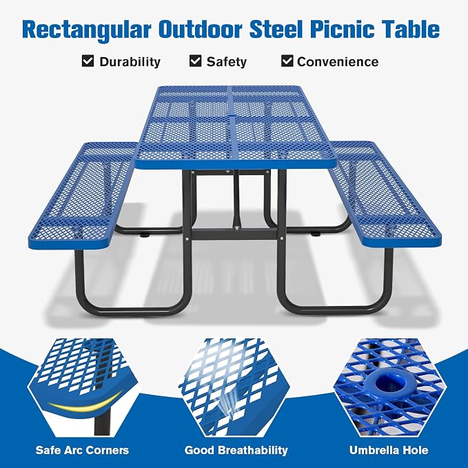Picnic Tables for Outdoors with Umbrella Hole-Coated Steel Heavy Duty Commercial Grade Table with Seats,Commercial Metal Picnic Tables,Heavy Rectangular Furniture Set for a Lifetime (Blue)