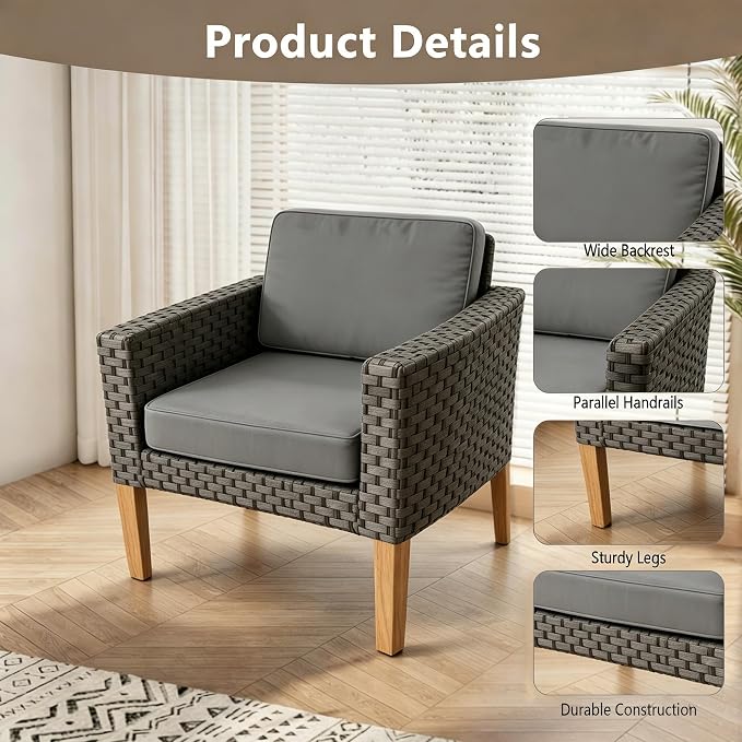 DECMICO 4 Piece Rattan Conversation Bistro Set, Outdoor Wicker Patio Furniture Set, All-Weather PE Rattan Chairs with Cushions for Backyard, Balcony, Garden, Dark Gray