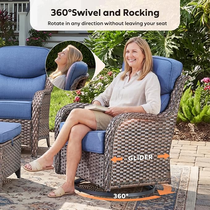 Rilyson Outdoor Wicker Patio Furniture Set - 5 Piece Patio Conversation Sets with Swivel Rocker Chairs, Ottomans and Side Table, 6 inch Cushions, Waterproof Wicker, for Porch Deck Brown/Blue