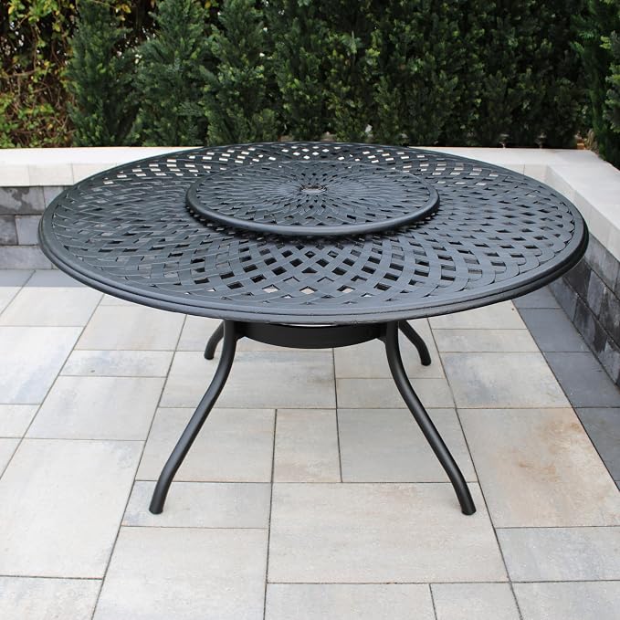 Oakland Living Contemporary Modern Outdoor Mesh Aluminum 59-in Large Black Round Patio Dining Table with Lazy Susan