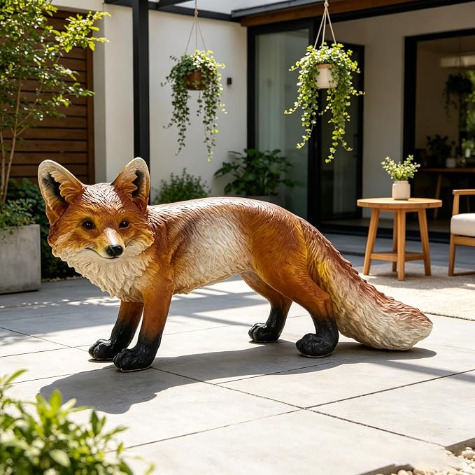 Red Fox Statue Garden Decor 19.7 Inch | Weather Resistant Resin, Lifelike Wildlife Animal Sculpture, Outdoor Yard Lawn Patio Porch, Home Decoration