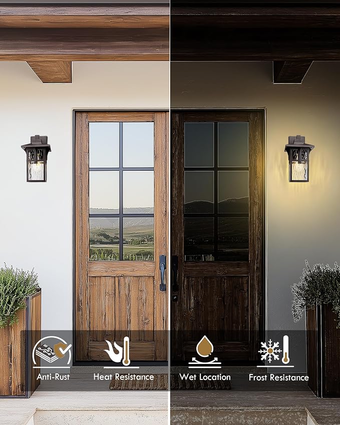 Outdoor Wall Light Fixture, HWH 12.4 Inch Outdoor Light for House with Water Ripple Glass, Exterior Lighting Fixture in Oil-Rubbed Bronze Finish, 5HX62B ORB SW