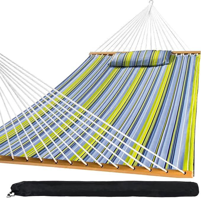 SZHLUX Outdoor Quilted Fabric Hammock with Spreader Bars and Detachable Pillow and Chains,Outdoor Patio Backyard Poolside, 450 LBS Weight Capacity, Green