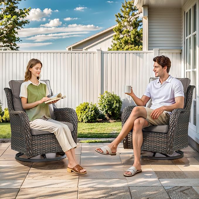 Outdoor Swivel Rocker Patio Chairs with 5" Thick Cushion - 3 Piece Wicker Bistro Set with Side Table, High Back Comfty Outdoor Glider Chairs for Balcony, Porch, Deck, Poolside - Brown-Gray