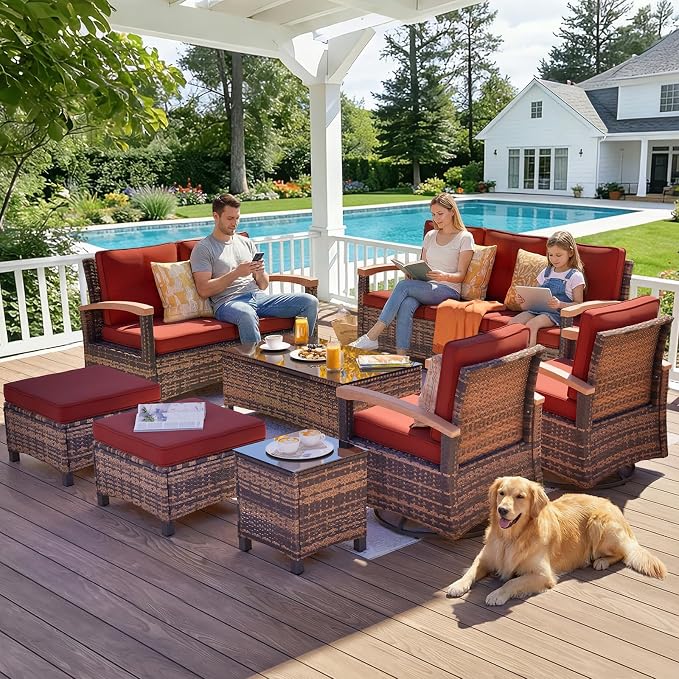 MEISSALIVVE 8 Pieces Patio Furniture Sets,Wicker Patio Conversation Sets with 2 Wood Armrests Swivel Glide Chairs, Outdoor Couch, Loveseat for Deck Yard and Poolside (Red)